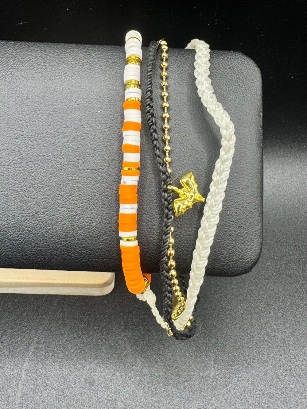 Pura Vida Halloween Gold Beaded Bat Charm Orange White Bead Braided Stack